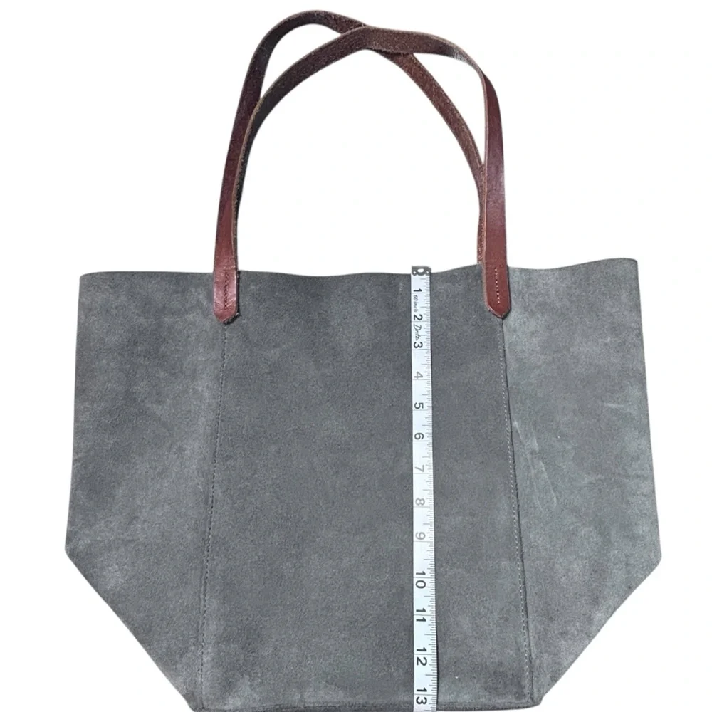 Mark And Graham Large Gray Suede Leather Purse Tote Brown Strap Shopper Bag